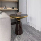 LeisureMod Tully Tavolino Rotondo, Bordo Oro con Vetro/Piano in Pietra Sinterizzata