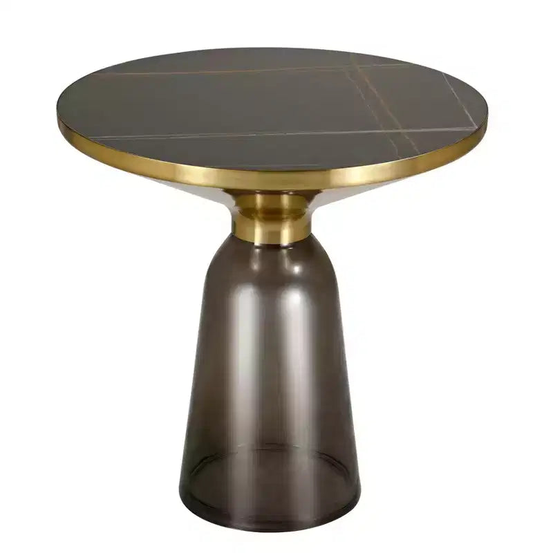 LeisureMod Tully Tavolino Rotondo, Bordo Oro con Vetro/Piano in Pietra Sinterizzata