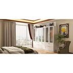 Armadio moderno Hitow, colore grigio, ante in vetro smerigliato, finitura effetto legno, stile crema