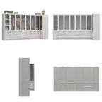 Armadio moderno Hitow, colore grigio, ante in vetro smerigliato, finitura effetto legno, stile crema