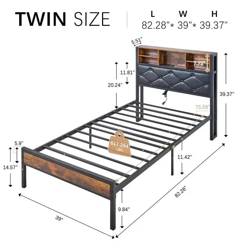 Letto a piattaforma in metallo VECELO per una piazza e mezza/matrimoniale, struttura letto con testiera e pediera, luci LED e stazione di ricarica USB, marrone