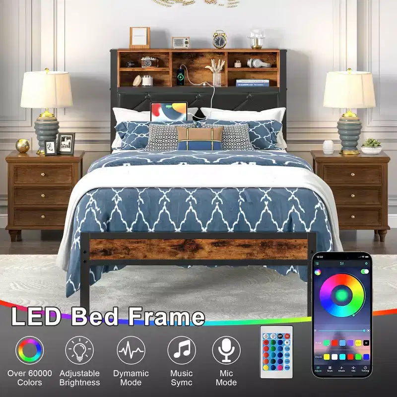 Letto a piattaforma in metallo VECELO per una piazza e mezza/matrimoniale, struttura letto con testiera e pediera, luci LED e stazione di ricarica USB, marrone