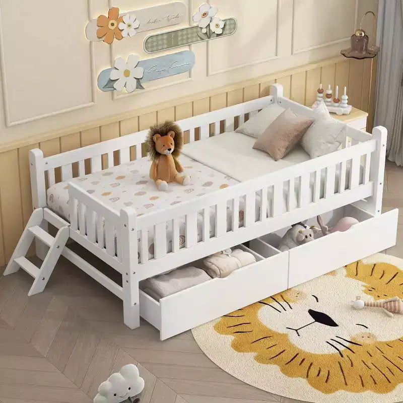 Letto a piattaforma in legno Whisen con sponde e 2 cassetti, misura singola