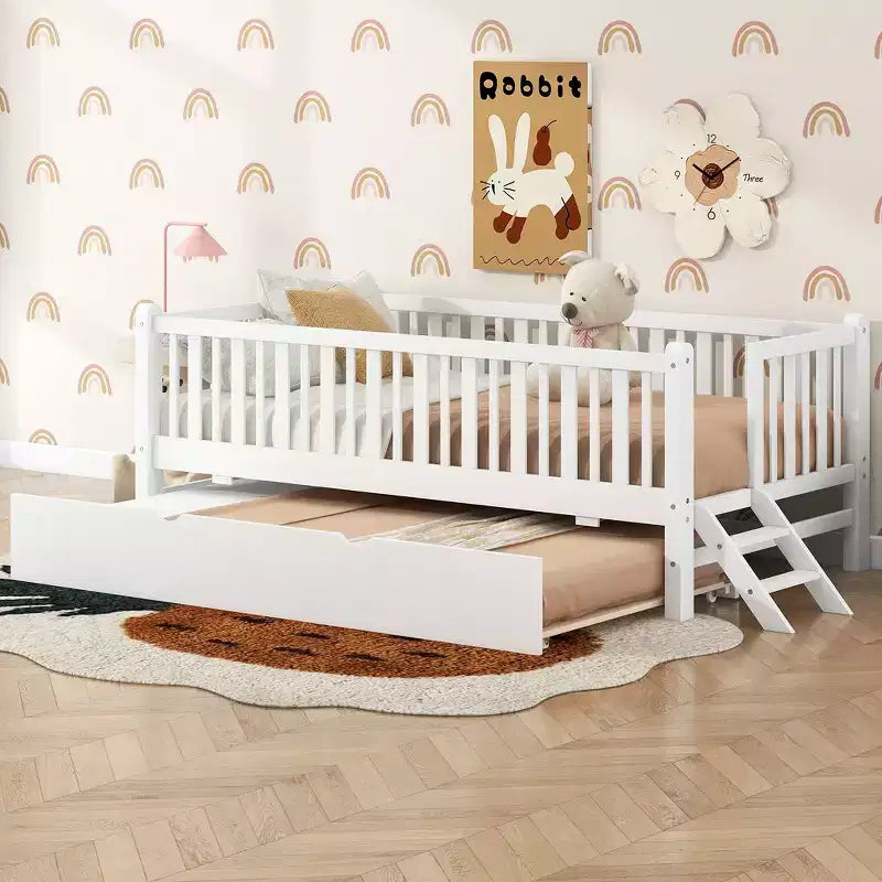 Letto a piattaforma in legno Whisen con sponde e 2 cassetti, misura singola