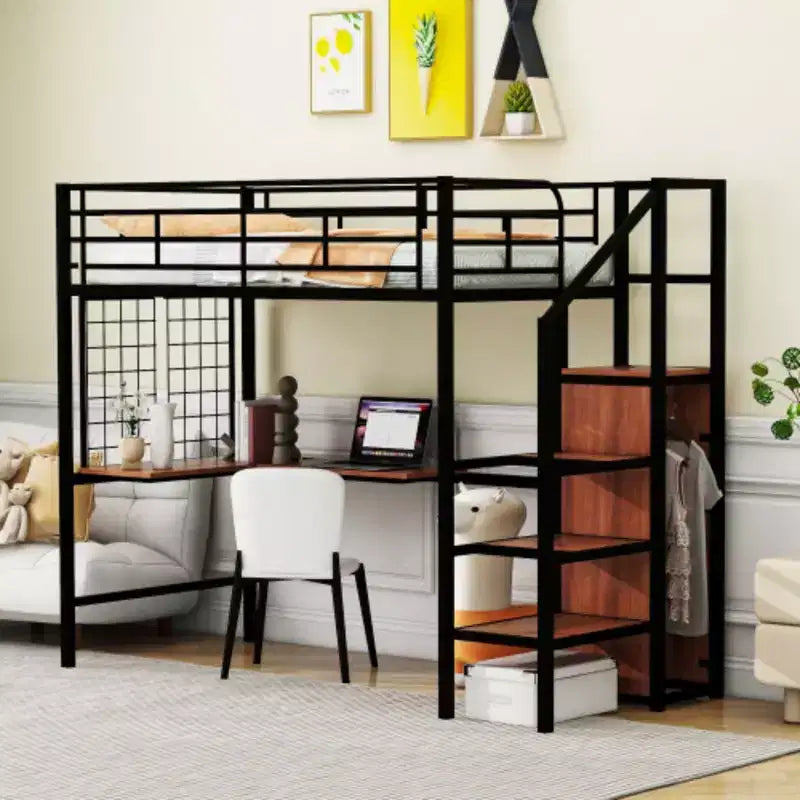 Letto a soppalco in metallo matrimoniale con scrivania e griglia in metallo, elegante letto con struttura in metallo, scaletta laterale con vano contenitore e armadio