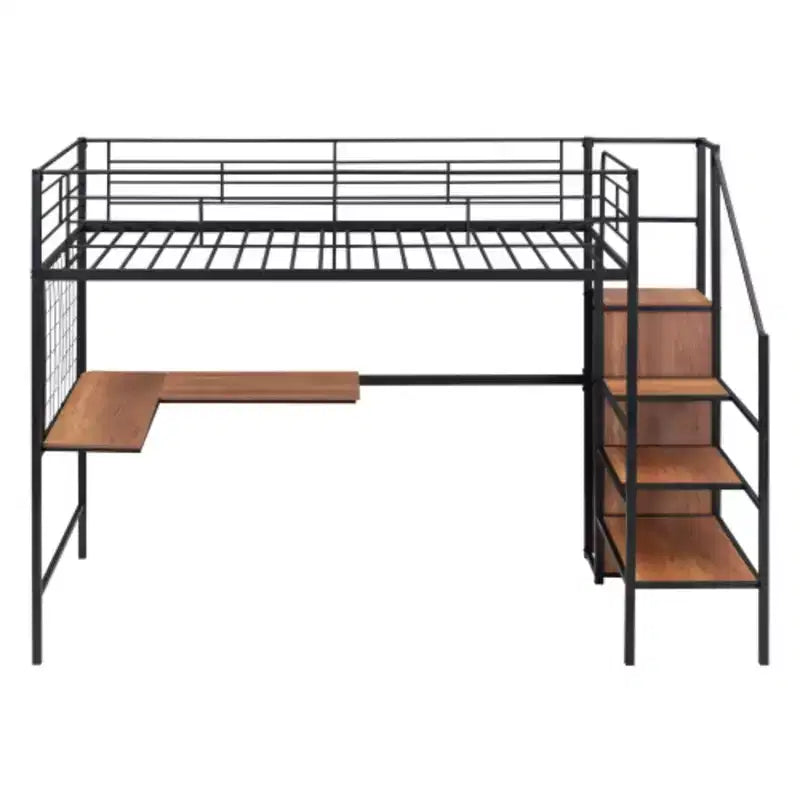 Letto a soppalco in metallo matrimoniale con scrivania e griglia in metallo, elegante letto con struttura in metallo, scaletta laterale con vano contenitore e armadio