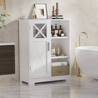 VECELO Bathroom Floor Storage Cabinet with 2 Adjustable Shelves, Freestanding Cabinet with 1 Door & 3 Open Compartments, White