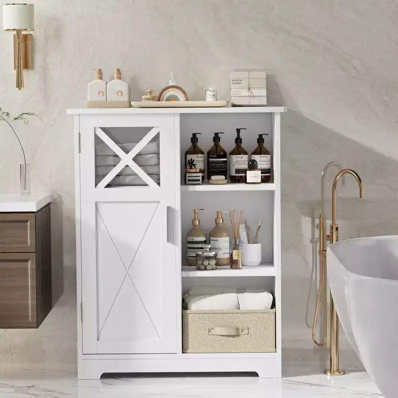 Mobiletto da bagno VECELO a pavimento con 2 ripiani regolabili, armadietto autoportante con 1 anta e 3 scomparti aperti, bianco