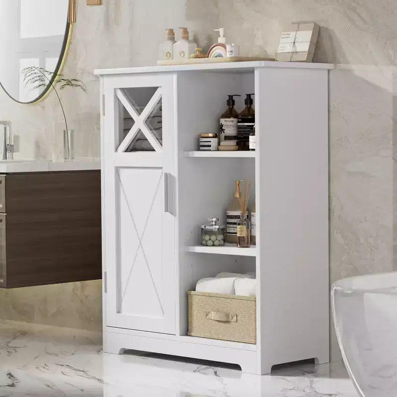 Mobiletto da bagno VECELO a pavimento con 2 ripiani regolabili, armadietto autoportante con 1 anta e 3 scomparti aperti, bianco