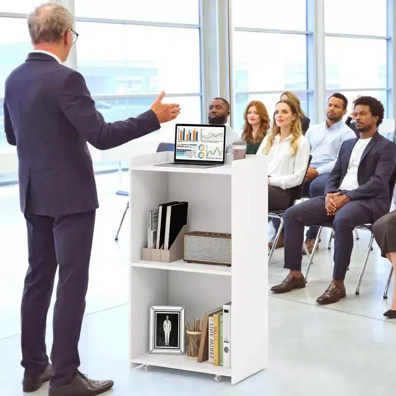 Costway Leggio da Presentazione 41 con 2 Ripiani Portaoggetti Carrello per Computer Portatile con 4 Ruote Nero/Bianco