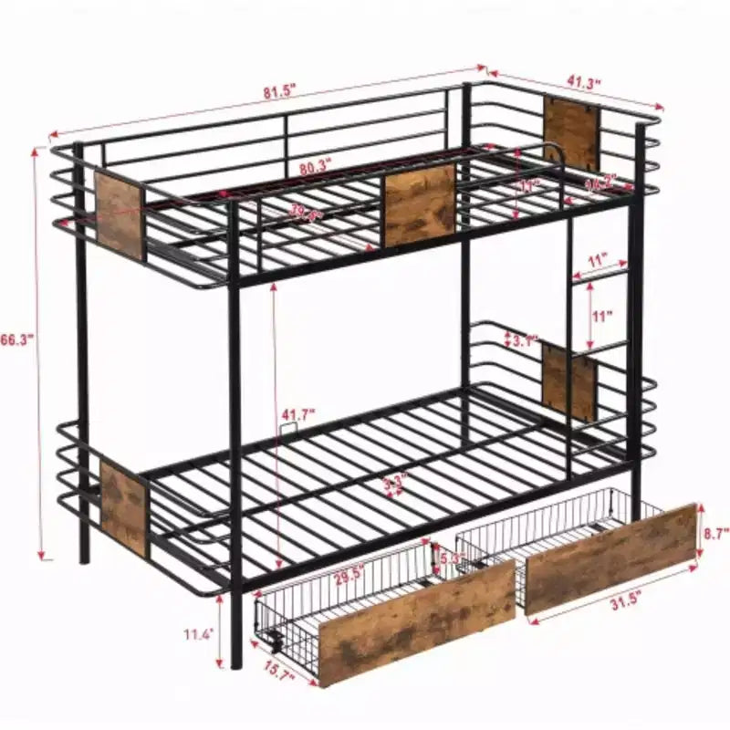 Letto a castello in metallo Twin XL su Twin XL con ringhiera in MDF e due cassetti portaoggetti, Nero