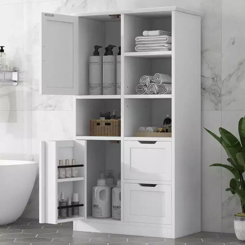 Mobiletto da bagno Whisen White, mobiletto autoportante con spazio di archiviazione multiplo e ripiano aperto