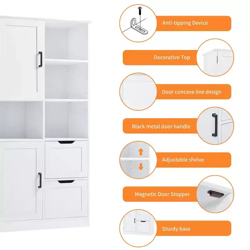 Mobiletto da bagno Whisen White, mobiletto autoportante con spazio di archiviazione multiplo e ripiano aperto