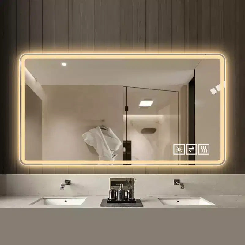 Specchio da bagno a LED 48x32: 3 colori, dimmerabile a 5 livelli, anti-appannamento, montaggio a parete, orizzontale/verticale