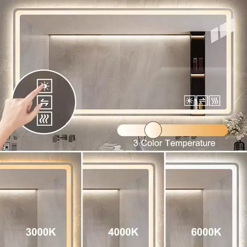 Specchio da bagno a LED 48x32: 3 colori, dimmerabile a 5 livelli, anti-appannamento, montaggio a parete, orizzontale/verticale