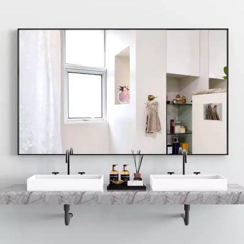 60x40 Modern Black Frame?Bathroom Mirror:?Oversized, Aluminum, Wall Mounted, Vertical/Horizontal