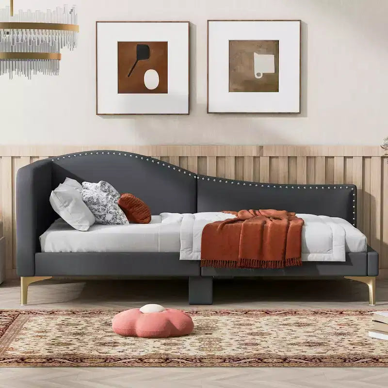 Divano letto imbottito in lino Twin/Full Size con testiera e braccioli, gambe di supporto - HABITRIO
