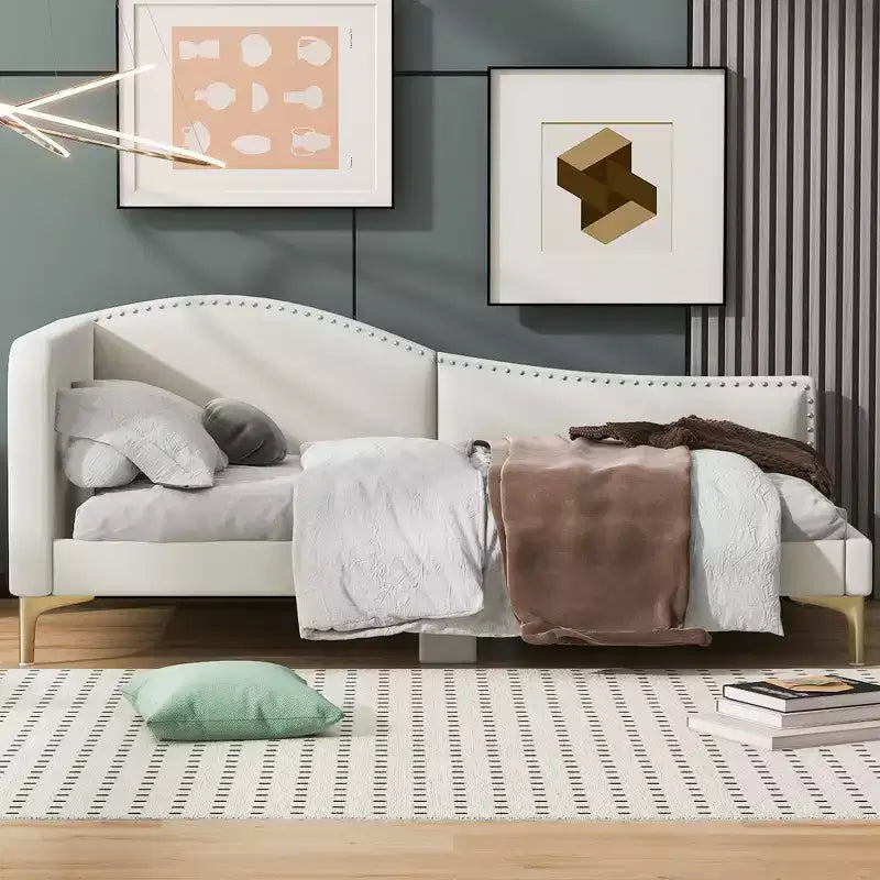 Divano letto imbottito in lino Twin/Full Size con testiera e braccioli, gambe di supporto - HABITRIO