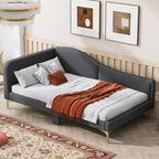 Divano letto imbottito in lino Twin/Full Size con testiera e braccioli, gambe di supporto - HABITRIO