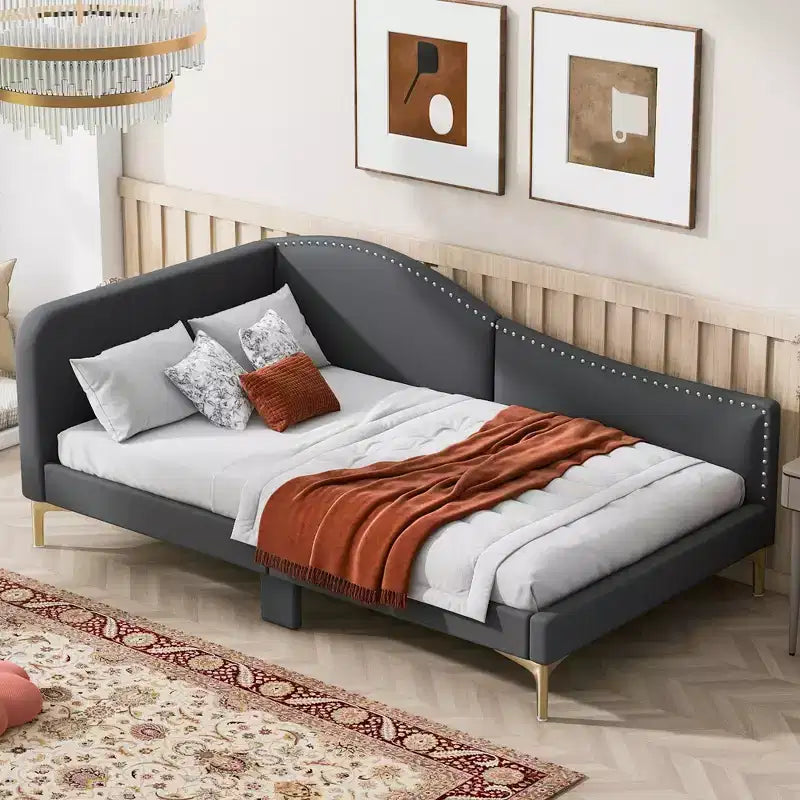 Divano letto imbottito in lino Twin/Full Size con testiera e braccioli, gambe di supporto - HABITRIO
