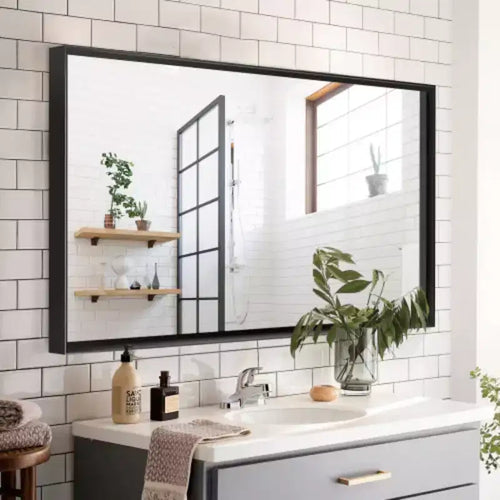 36x30inch Glossy Black Bathroom Mirrors For Wall Rectangle Vanity Mirror Corner Hangs Farmhouse Mirror Modern Metal Framed Rectangular Mirror