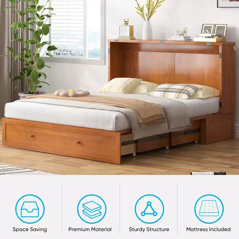 Mjkone Letto a Scomparsa a Mobile, Letto a Scomparsa Moderno Queen con Materasso, Stazione di Ricarica USB Incorporata e Cassetti