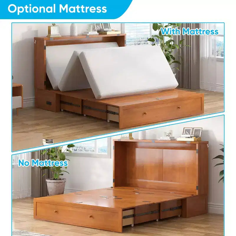 Mjkone Letto a Scomparsa a Mobile, Letto a Scomparsa Moderno Queen con Materasso, Stazione di Ricarica USB Incorporata e Cassetti
