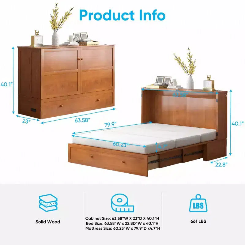 Mjkone Letto a Scomparsa a Mobile, Letto a Scomparsa Moderno Queen con Materasso, Stazione di Ricarica USB Incorporata e Cassetti