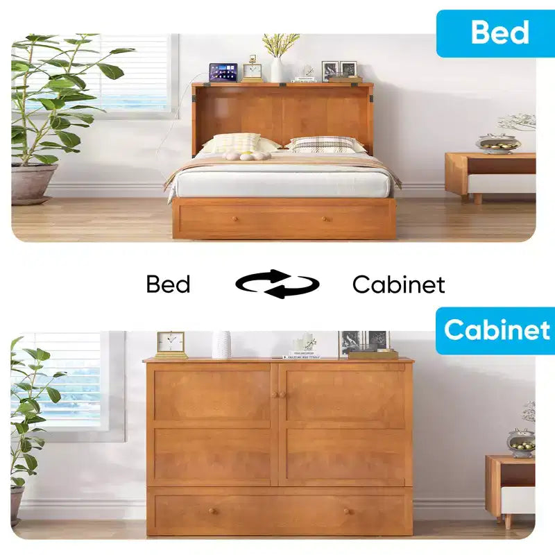 Mjkone Letto a Scomparsa a Mobile, Letto a Scomparsa Moderno Queen con Materasso, Stazione di Ricarica USB Incorporata e Cassetti