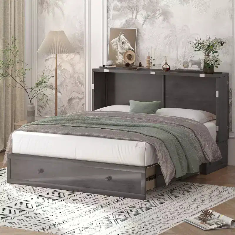 Mjkone Letto a Scomparsa a Mobile, Letto a Scomparsa Moderno Queen con Materasso, Stazione di Ricarica USB Incorporata e Cassetti