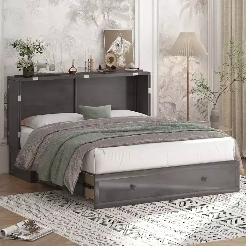 Mjkone Letto a Scomparsa a Mobile, Letto a Scomparsa Moderno Queen con Materasso, Stazione di Ricarica USB Incorporata e Cassetti