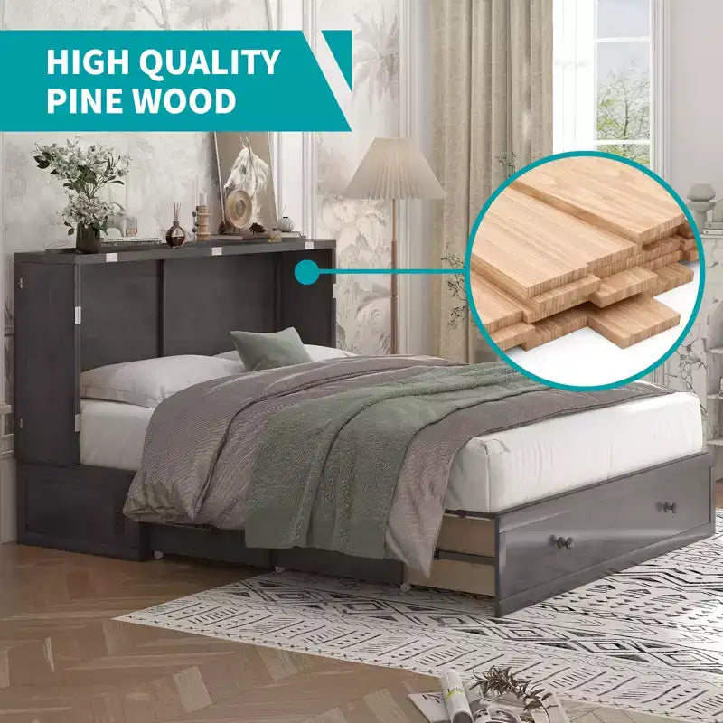 Mjkone Letto a Scomparsa a Mobile, Letto a Scomparsa Moderno Queen con Materasso, Stazione di Ricarica USB Incorporata e Cassetti