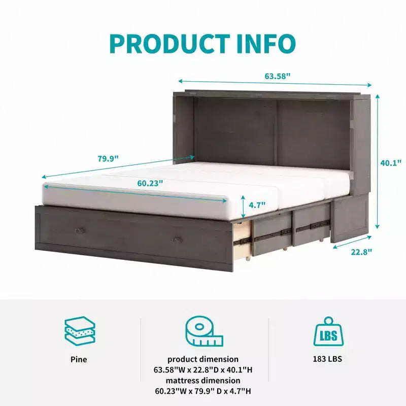 Mjkone Letto a Scomparsa a Mobile, Letto a Scomparsa Moderno Queen con Materasso, Stazione di Ricarica USB Incorporata e Cassetti