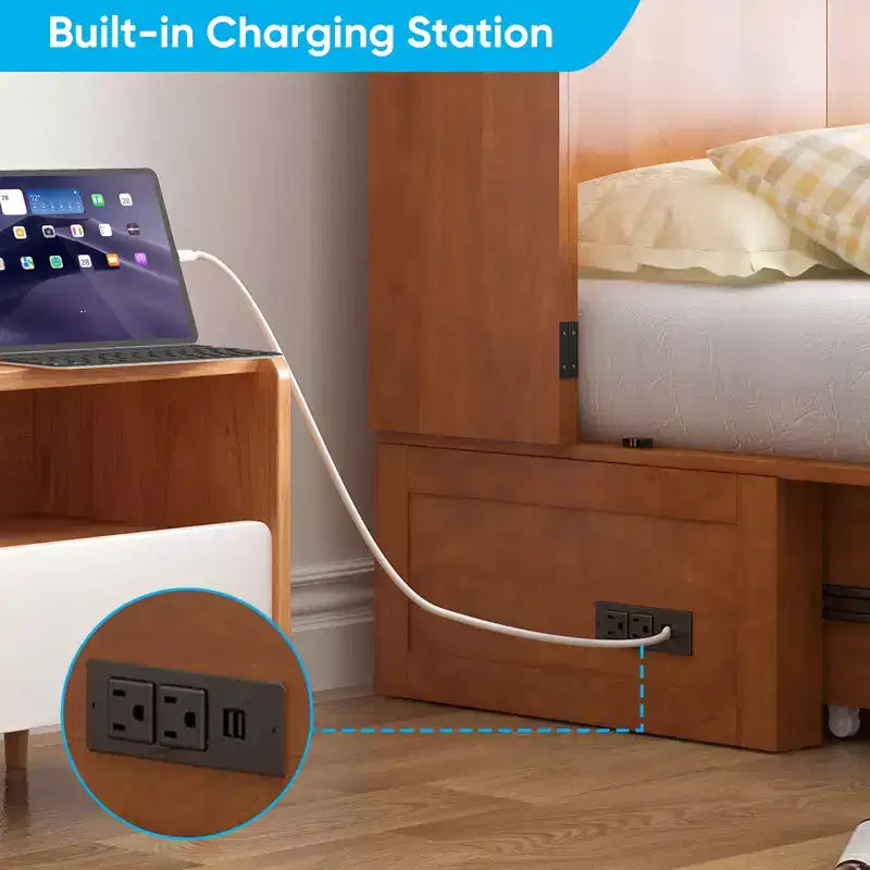 Mjkone Letto a Scomparsa a Mobile, Letto a Scomparsa Moderno Queen con Materasso, Stazione di Ricarica USB Incorporata e Cassetti