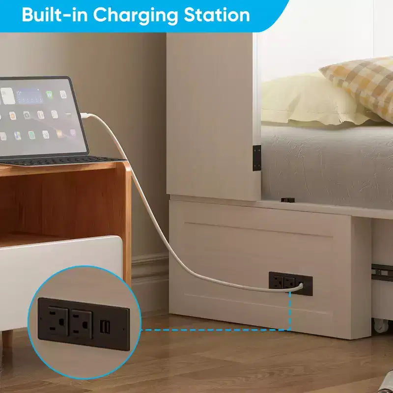 Mjkone Letto a Scomparsa a Mobile, Letto a Scomparsa Moderno Queen con Materasso, Stazione di Ricarica USB Incorporata e Cassetti