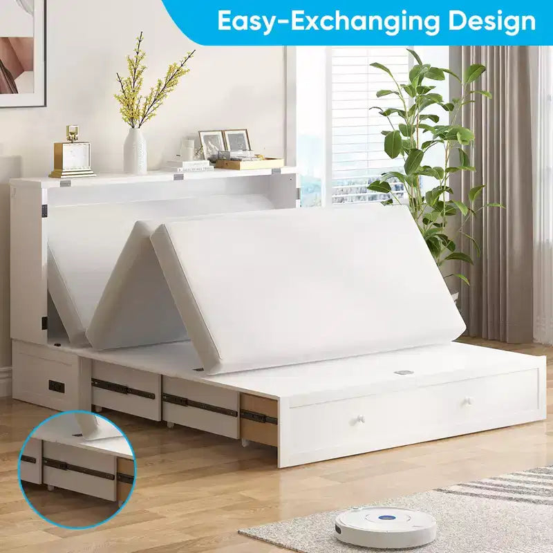 Mjkone Letto a Scomparsa a Mobile, Letto a Scomparsa Moderno Queen con Materasso, Stazione di Ricarica USB Incorporata e Cassetti