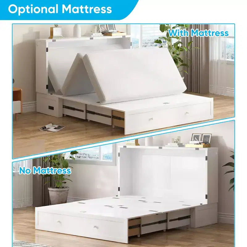 Mjkone Letto a Scomparsa a Mobile, Letto a Scomparsa Moderno Queen con Materasso, Stazione di Ricarica USB Incorporata e Cassetti