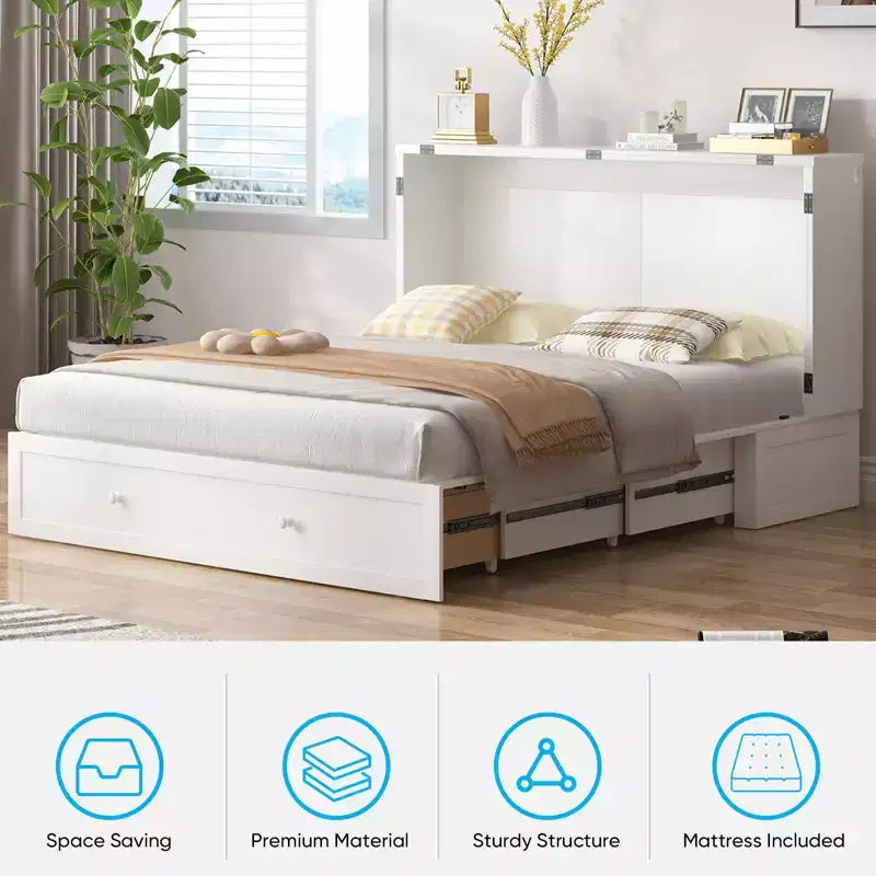 Mjkone Letto a Scomparsa a Mobile, Letto a Scomparsa Moderno Queen con Materasso, Stazione di Ricarica USB Incorporata e Cassetti