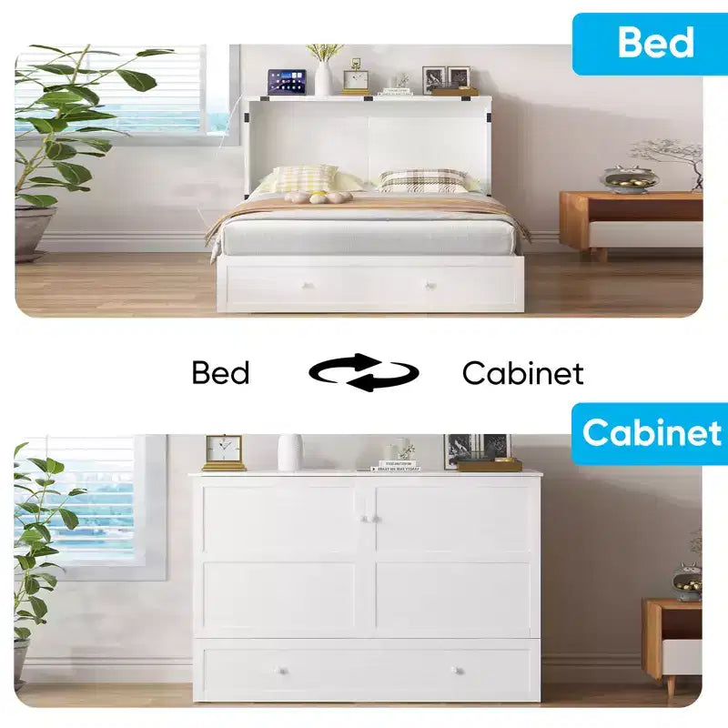 Mjkone Letto a Scomparsa a Mobile, Letto a Scomparsa Moderno Queen con Materasso, Stazione di Ricarica USB Incorporata e Cassetti