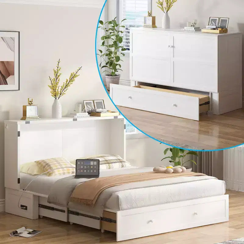 Mjkone Letto a Scomparsa a Mobile, Letto a Scomparsa Moderno Queen con Materasso, Stazione di Ricarica USB Incorporata e Cassetti