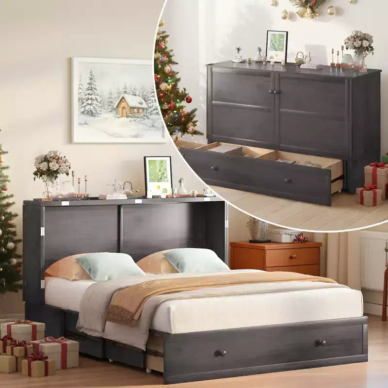Mjkone Letto a Scomparsa a Mobile, Letto a Scomparsa Moderno Queen con Materasso, Stazione di Ricarica USB Incorporata e Cassetti