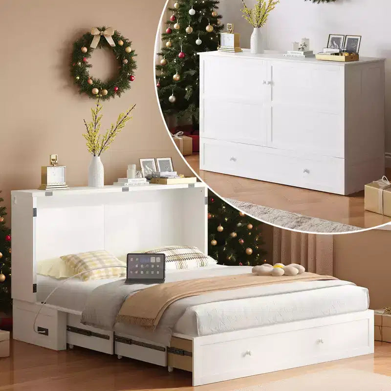 Mjkone Letto a Scomparsa a Mobile, Letto a Scomparsa Moderno Queen con Materasso, Stazione di Ricarica USB Incorporata e Cassetti