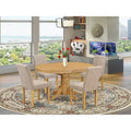 HomeStock Oval Kitchen Dining Set Oak Linen Fabric Chairs