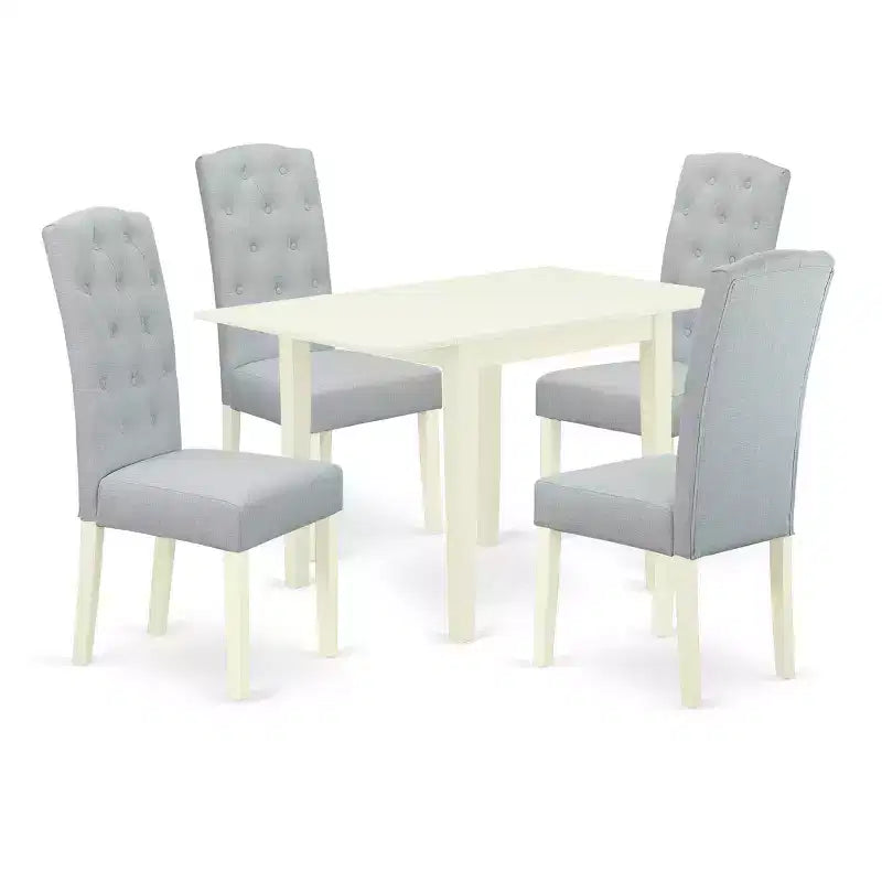 Set da pranzo HomeStock 5 pezzi, tavolo bianco in lino con sedie azzurre