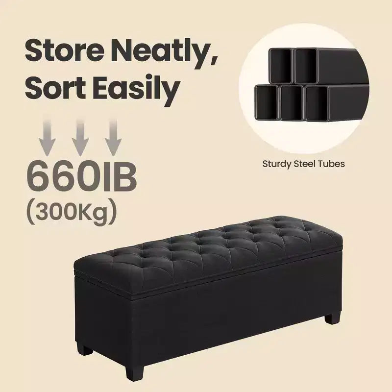 LEDREM 43.3 Panca Contenitore, Poggiapiedi con Gambe, Pouf Contenitore, Panca Rettangolare per Fondo Letto, Baule Contenitore, Carico fino a 300 kg, Robusta