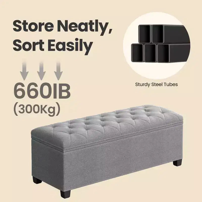 LEDREM 43.3 Panca Contenitore, Poggiapiedi con Gambe, Pouf Contenitore, Panca Rettangolare per Fondo Letto, Baule Contenitore, Carico fino a 300 kg, Robusta