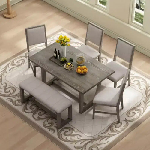 6-Piece Retro Dining Ensemble, Rectangular Table with Trestle Base and 4 Cushioned Chairs and 1 Bench, Perfect for Dining Rooms and Kitchens