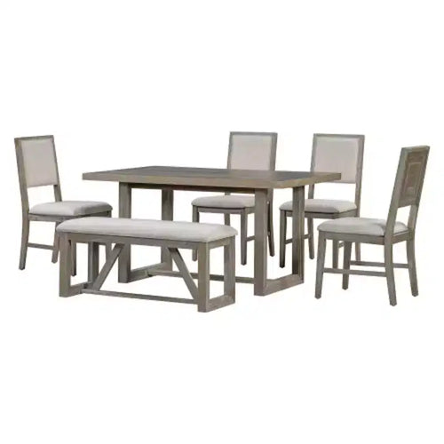 Ensemble repas rétro 6 pièces, comprenant une table rectangulaire avec piètement tréteau, 4 chaises rembourrées et 1 banc, idéal pour les salles à manger et les cuisines