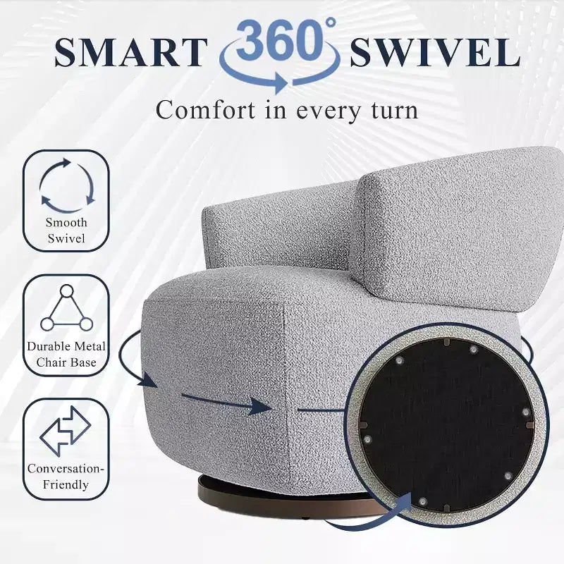 Poltrona Girevole Heynemo, Divano Lounge Completamente Assemblato con Base a 360 Gradi, Poltrona Tonda per Soggiorno, Camera da Letto, Ufficio, Avorio