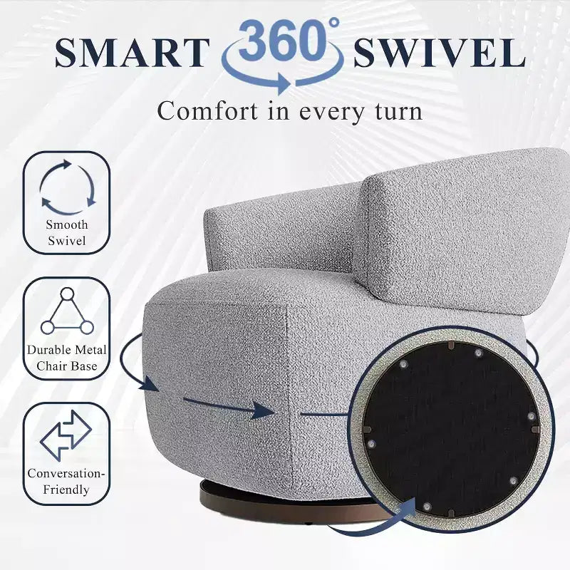 Poltrona Girevole Heynemo, Divano Lounge Completamente Assemblato con Base a 360 Gradi, Poltrona Tonda per Soggiorno, Camera da Letto, Ufficio, Avorio